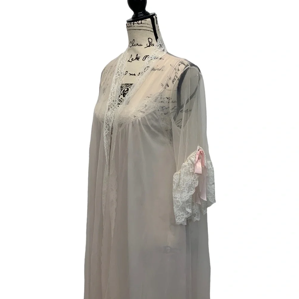 Vintage Val Mode Pink White Peignoir Gown 2 PCS SHEER Nightgown Robe Size Petite